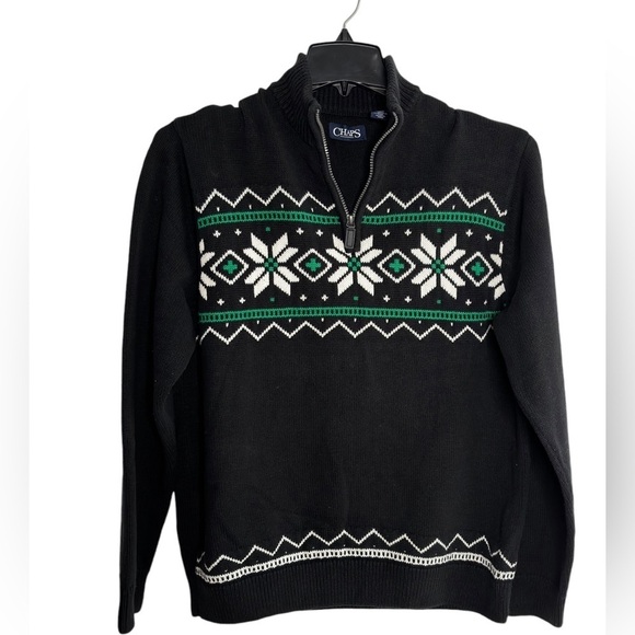 Chaps Nordic 1/4 Zip Mock Neck Sweater Large Black 100% Cotton Snowflake Ski EUC - Picture 1 of 12